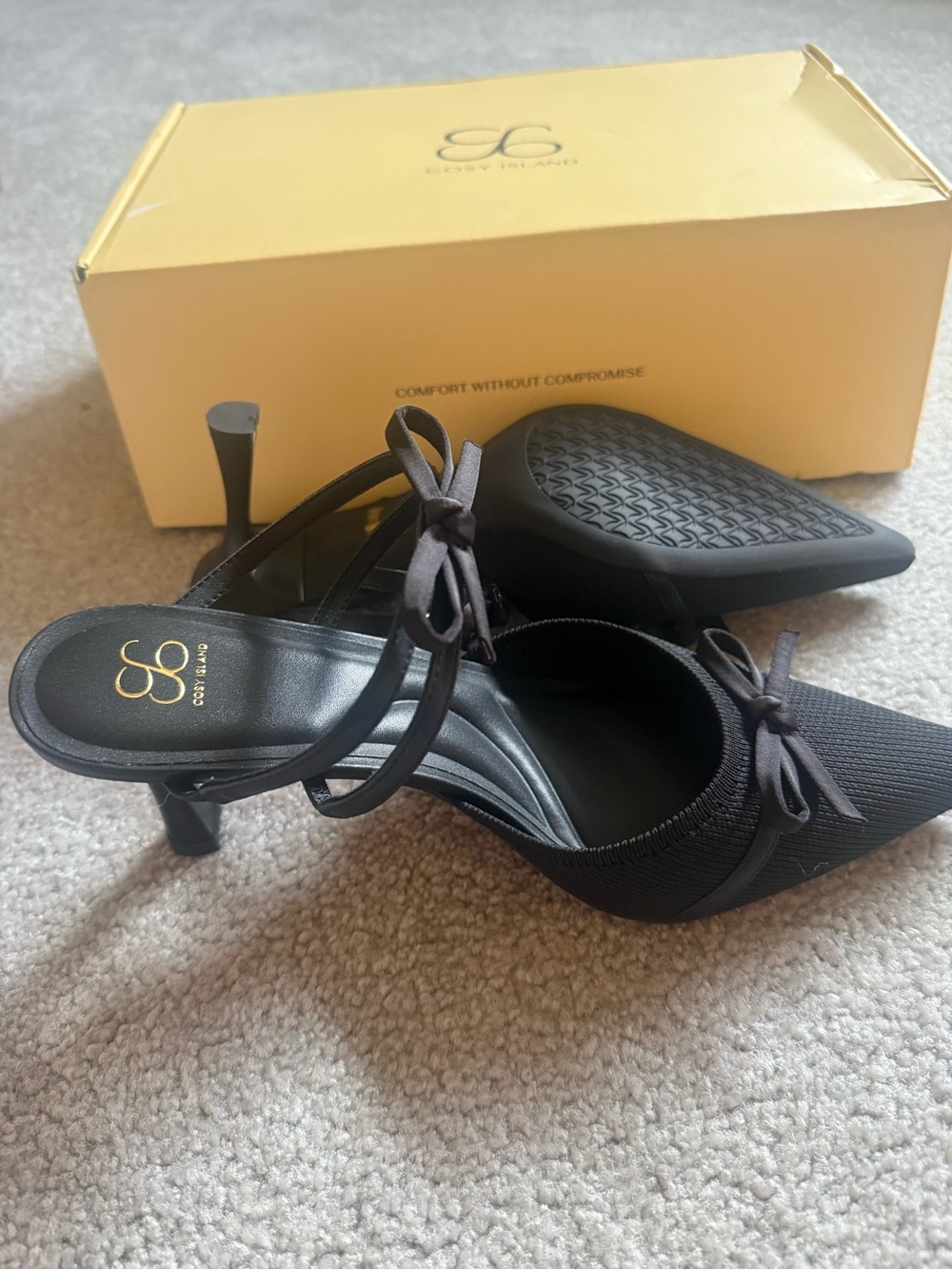 SOfft Black Pointed-Toe Bow Slingback Heels